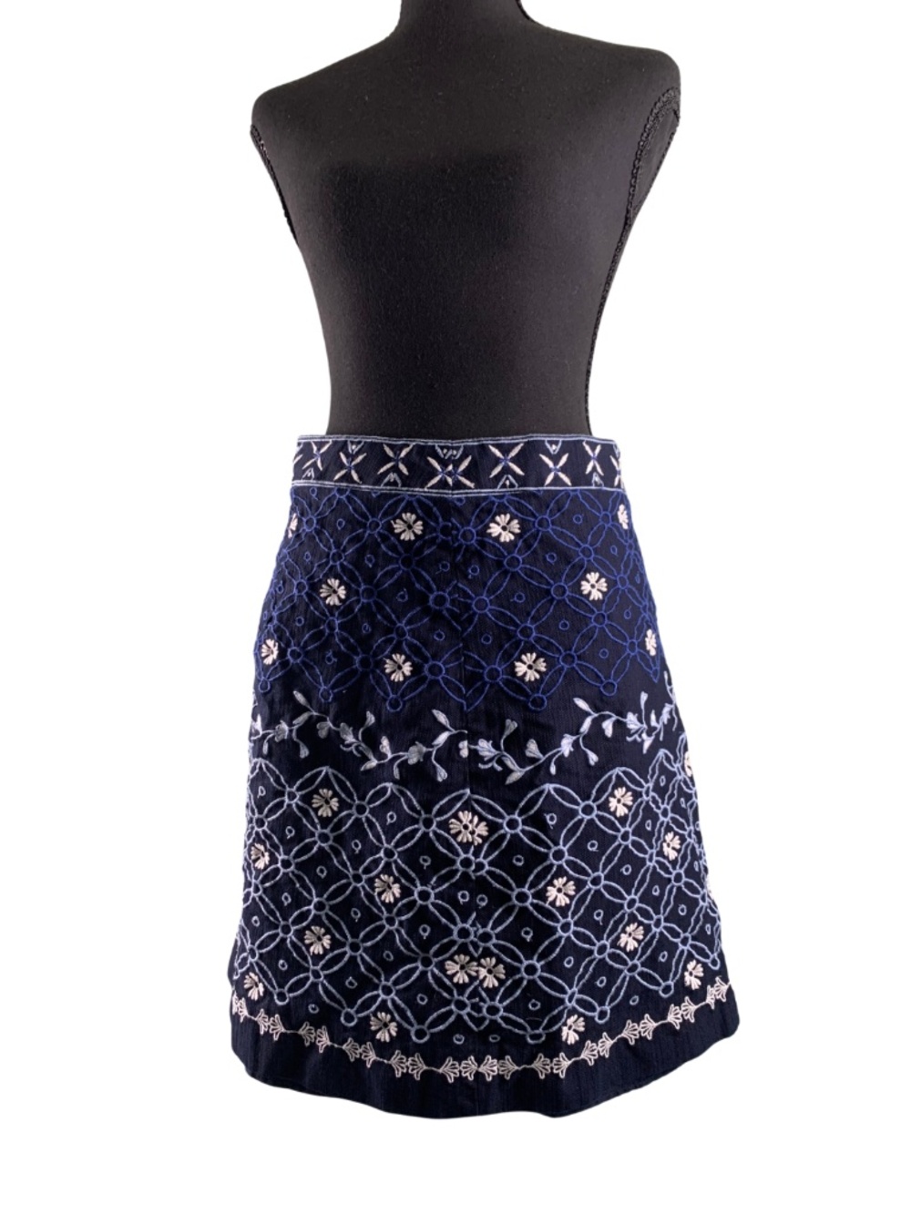 LOFT Navy Mini Floral Geometic Embroidered Shift Skirt Women's 12 Boho